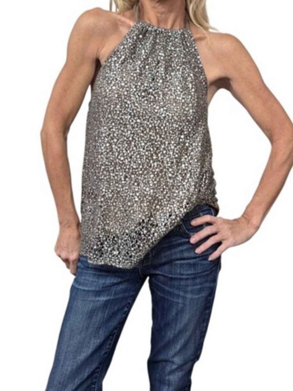 Hale Bob Y2K Sheer Metallic Halter Top Silk Lined Taupe Size S